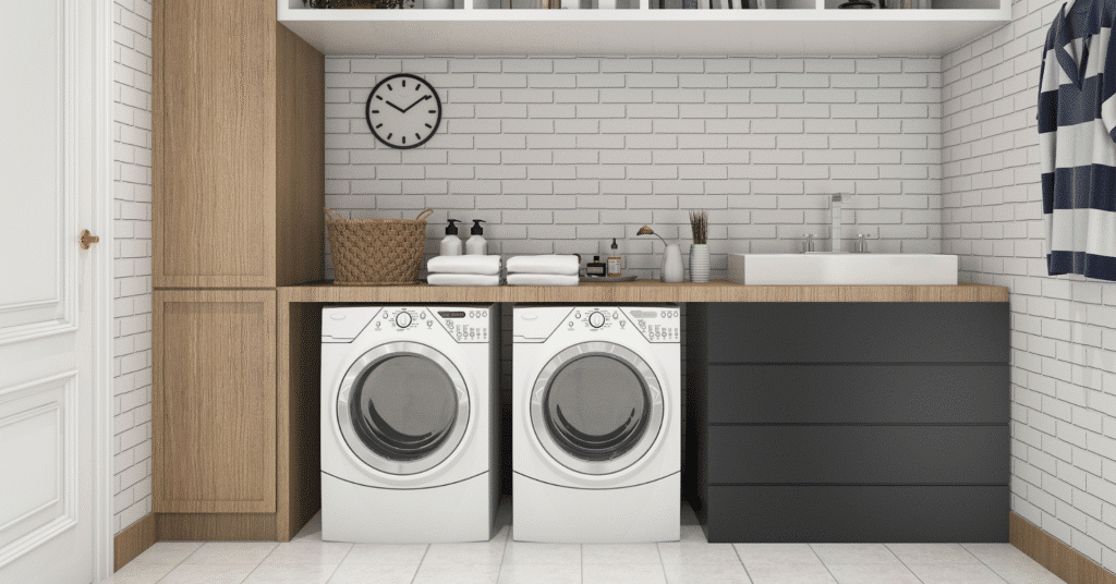 Beyond the Bathroom: Creative Custom Tile Work 5 Modern laundry room with appliances and storage