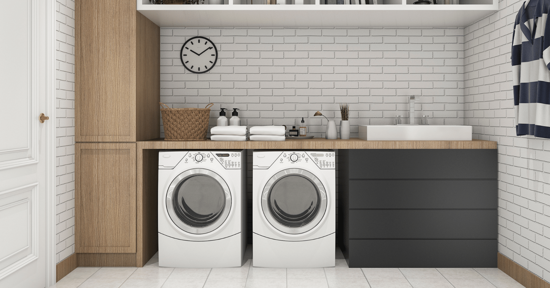 Modern laundry room with appliances and storage