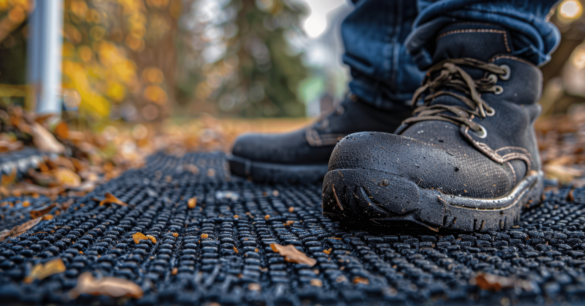 Boots on a wet outdoor mat