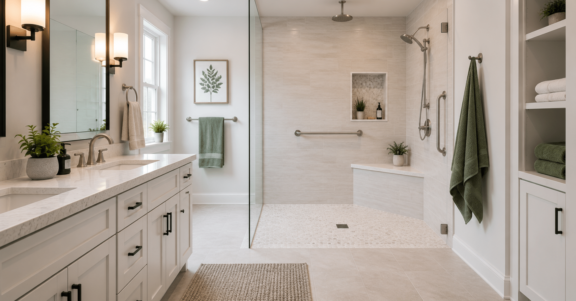 Remodeled bathroom with grab bars and zero threshold shower